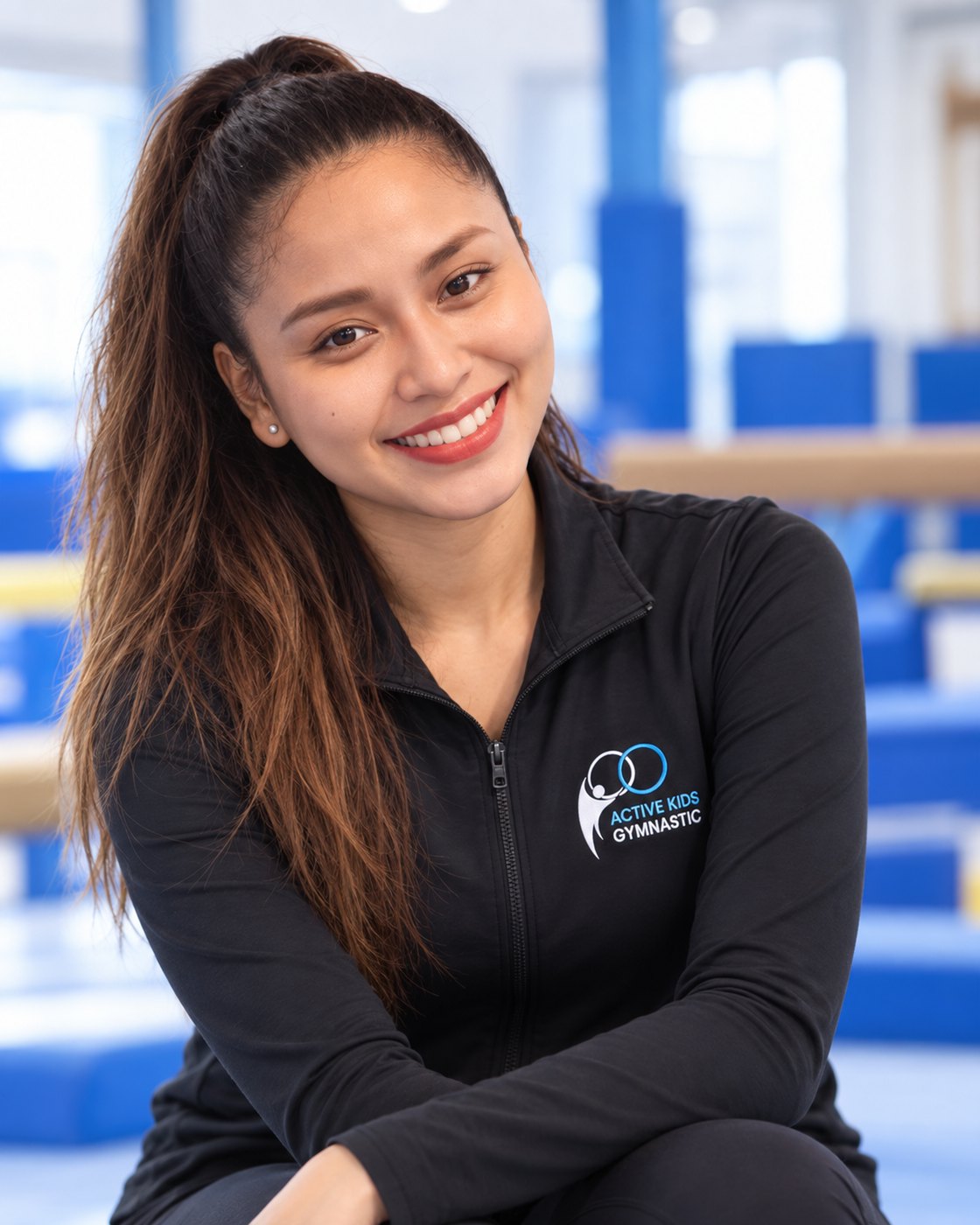 Coach Arminaa smiling in her Active Kids Gymnastic coaching jacket.
